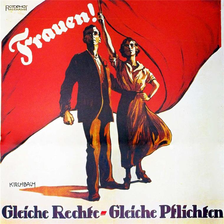 Mit diesem Wahlplakat warb die SPD 1919 mit gleichen Rechten und gleichen Pflichten für Frauen.