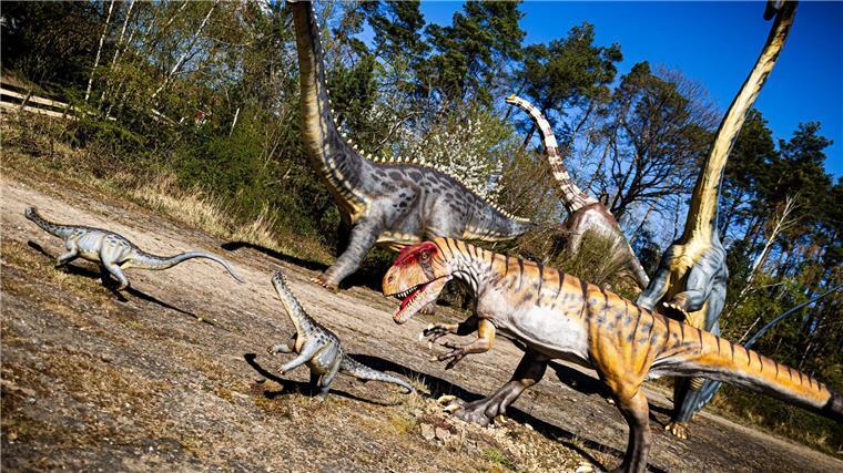 Dinopark zeigt Artenreichtum vor 140 Millionen Jahren Modelle von Dinosauriern stehen bei sonnigem Wetter im „Dino-Park Münchehagen“.