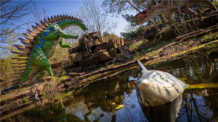 Dinopark zeigt Artenreichtum vor 140 Millionen Jahren Modelle von Dinosauriern stehen bei sonnigem Wetter im „Dino-Park Münchehagen“.