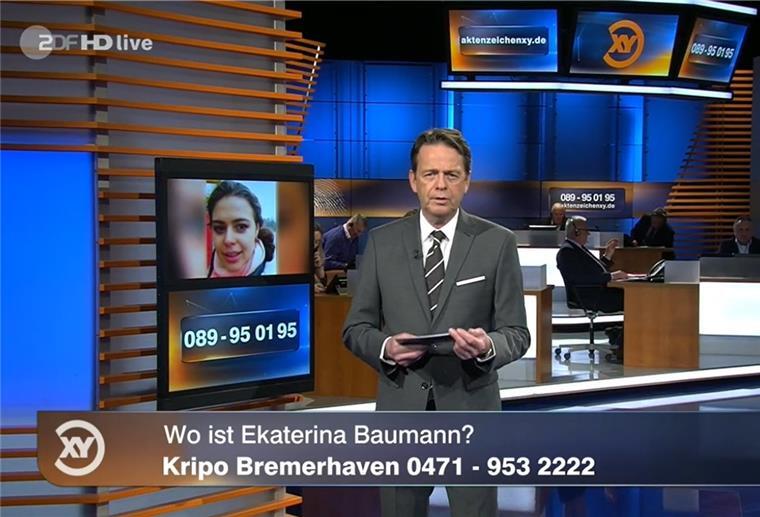 Fall Ekaterina Baumann: So lief „Aktenzeichen XY... ungelöst“ Moderator Rudi Cerne spricht in der Sendung "Aktenzeichen XY" über den Vermisstenfall Ekaterina Baumann aus Bremerhaven-Wulsdorf.