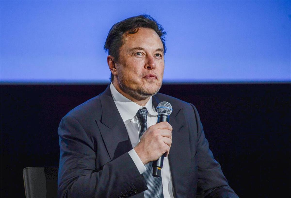 Elon Musk hält ein Mikrofon.