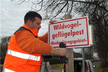 Nach dem Fund eines infizierten Wildvogels in Bremerhaven hat der Kreis Sperr- und Beobachtungsgebiete eingerichtet. Die Gemeinden haben gestern an den Straßen Informationsschilder angebracht. Hendrik Twarloh vom Bauhof der Gemeinde Hagen (Foto) war hier in der Ortschaft Wittstedt im Einsatz.