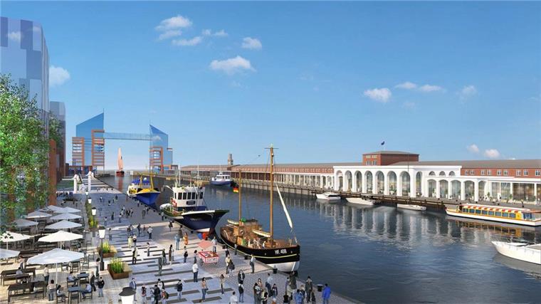 Architektenwettstreit: So könnte der Alte Fischereihafen in Cuxhaven bald aussehen Nach ihren Entwürfen erstellten die Architekten Krause Bohne aus Aachen diese Animation vom neu gestalteten Quartier Alter Fischereihafen. Im Hintergrund der Hotel- und Büroturm am Eingang zum Hafen.