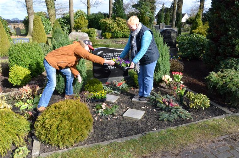 Nachdem ihnen zwei Blumenkörbe von der Grabstelle ihrer Mutter auf dem Friedhof in Schiffdorf gestohlen wurden, haben Ute Neumann (rechts) und ihr Mann Karl-Heinz nun Stiefmütterchen gepflanzt. 