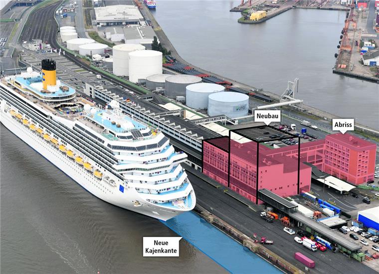 100 Millionen Euro Investition: Bremerhavens neuer Cruise-Tower Neue Pläne für die Zukunft des Kreuzfahrtterminal: Eine neue Kaje, die 25 Meter vor die alte gerammt wird, gehört dazu, aber auch der Neubau eines Cruise Towers als Eingangsbereich mit Park- und Büroetagen.