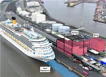 Neue Pläne für die Zukunft des Kreuzfahrtterminal: Eine neue Kaje, die 25 Meter vor die alte gerammt wird, gehört dazu, aber auch der Neubau eines Cruise Towers als Eingangsbereich mit Park- und Büroetagen.