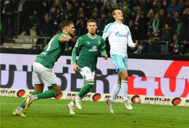 Elfmeter-Drama in Bremen: Schalke fühlt sich betrogen Fußball: 2. Bundesliga, Werder Bremen - FC Schalke 04, 14. Spieltag, wohninvest Weserstadion. Werders Niclas Füllkrug (M) jubelt nach seinem verwandelten Foulelfmeter mit Mitchell Weiser über sein Tor zum 1:1.