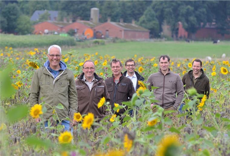 Zeven: Aus Maisacker wird Naturparadies Norbert Wolf, Hans-Peter Meinke, Ottmar Enghard, Mathias Holsten, Rouven Enghard und Claus Wilkens (von links) stehen mitten in einer vier Hektar großen Blühfläche östlich von Brüttendorf. Sie bietet diversen Tier- und Pflanzenarten beste Lebensbedingungen, wo vergangenes Jahr noch Mais stand.