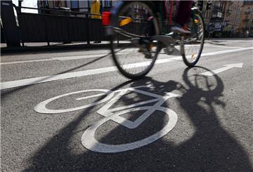 In der Karlsruher Innenstadt fährt ein Radfahrer auf einem Fahrradstreifen.