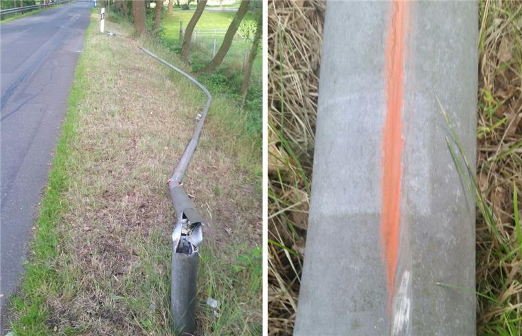Unfallflucht in Hymendorf: Polizei sucht Zeugen Orangefarbene Spuren fand die Polizei am Laternenmast in zwei Metern Höhe.