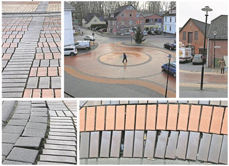 Mamma mia! Die Piazza in Hagen verfällt Pannenprojekt Piazza (im Uhrzeigersinn, von oben links): Das Pflaster hat sich verschoben (1), Bäume und Bänke fehlen (2), die Straßenlaterne wird immer wieder angefahren (3), Steine heben sich (4) und es bilden sich Zwischenräume, in denen Müll (5) liegt.