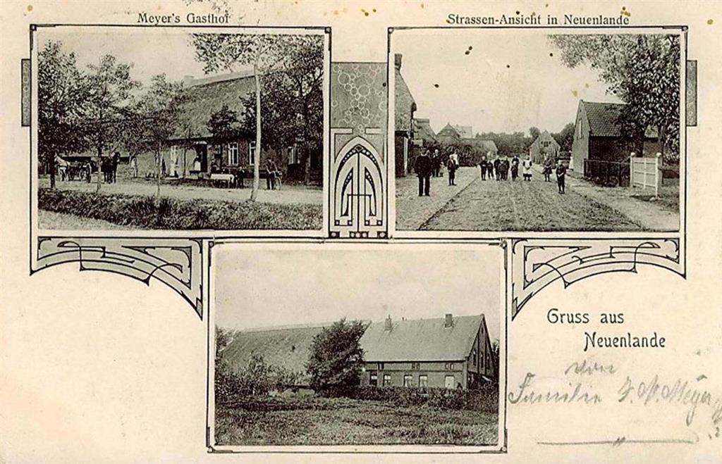 Postkarte aus Neuenlande:  links oben ehemaliger Gasthof Meyer, rechts oben ein ...
