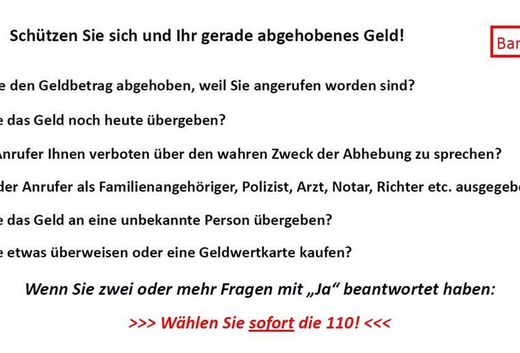 Präventionsumschlag für Geldinstitute: Wenn man zwei oder mehr dieser Fragen mit "Ja" beantworten kann, ist es mit an Sicherheit grenzender Wahrscheinlichkeit ein Betrugsversuch.