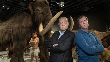 Privatdetektiv Wilsberg (Leonard Lansink) Rücken an Rücken mit Ekki (Oliver Korittke) in einem Raum eines Naturkundemuseums.
