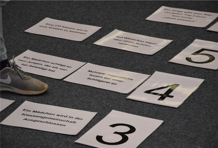 Selsingen: Gewaltprävention „Wir sind stark“ für Sechstklässler Schilder mit der Beschreibung verschiedener Situationen ordneten die Selsinger Schüler nach ihrem Empfinden auf einer Gewaltskala ein.