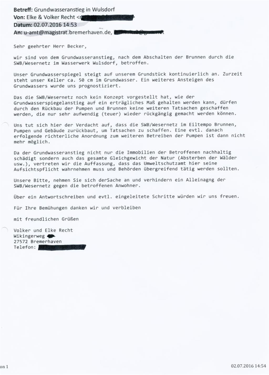 Schreiber von Elke und Volker Recht an das Umweltschutzamt.