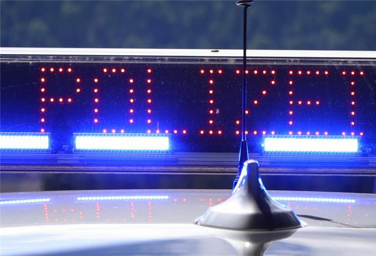 Mit Blaulicht und der Anzeige "Polizei“ steht ein Polizeifahrzeug bei einer Verkehrskontrolle.