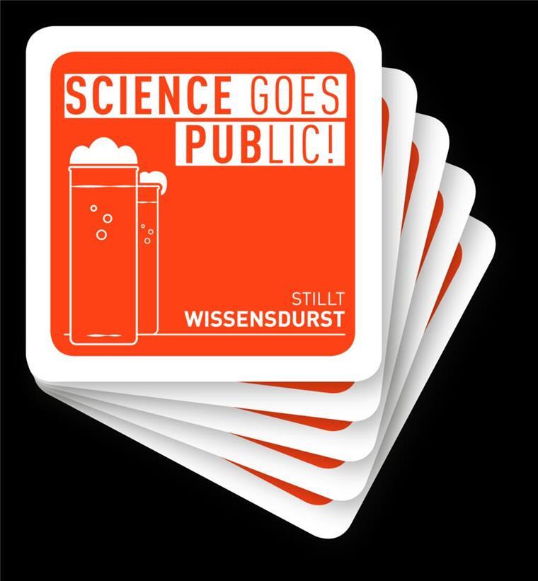 Wissenschaftsserie „Science goes public“ startet in Bremerhaven wieder Ein packen Bierdeckel mit der Aufschrift „Science goes public“.