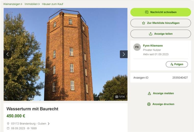 Fynn Kliemann und sein Wasserturm wagen einen zweiten Versuch So hat die Anzeige auf Kleinanzeigen ausgesehen. Ein Schnäppchen war der Wasserturm von Internet-Star Fynn Kliemann nicht. Doch das hat sich jetzt wohl sowieso erledigt.