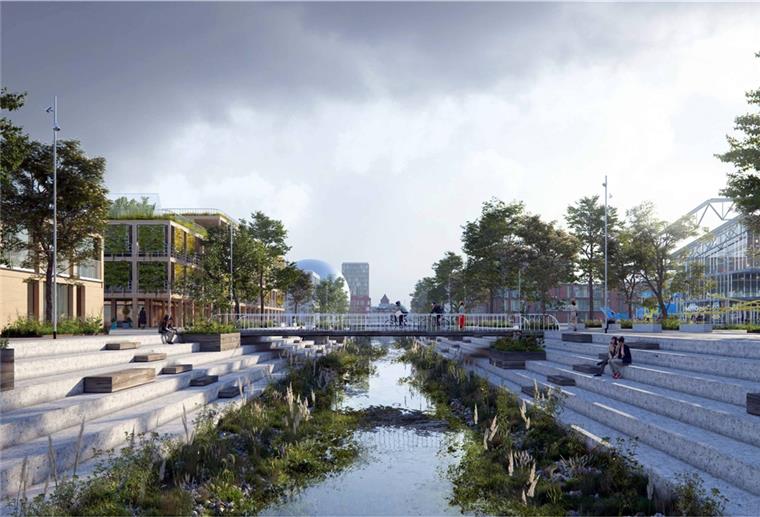 Bremerhaven: Schritte in Richtung Werftquartier So könnte es einmal im Werftquartier aussehen: Wohnen, Forschen und Arbeiten am Wasser, Brücken für Radfahrer und Fußgänger verbinden die Bereiche quer. Viel Wert wird auf die Sichtachsen gelegt. Visualisierung: Cobe