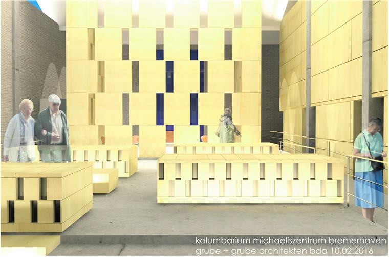 Michaeliskirche wird zum Kolumbarium So sehen die Entwürfe der Architektin Silke Grube für das neue Kolumbarium in der Michaeliskirche aus - alles aus schimmerndem Ahornholz. In der Mitte der schließbare Kubus mit dem Altarraum.