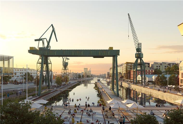 Das neue Werftquartier: 2023 soll es losgehen So soll das Herzstück des neuen Werftquartiers auf dem ehemaligen Gelände der Seebeckwerft aussehen. Visualisierung: Cobe