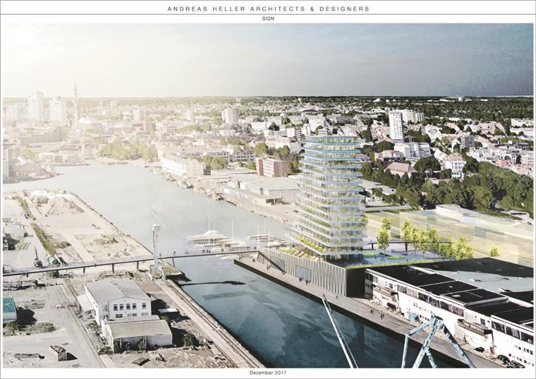 Plan: 70 Meter hohes Wohnhaus und Fußgängerbrücke im Fischereihafen So soll das Wohnhochhaus auf einer Landzunge der früheren Seebeckwerft in Blickrichtung Innenstadt aussehen. Die Fußgängerbrücke würde es direkt mit Geestemünde (rechts) verbinden und in Richtung Schaufenster Fischereihafen weiterleiten.