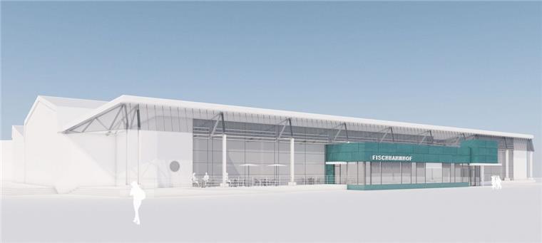 Bremerhaven: Jetzt wird der Fischbahnhof modernisiert So soll der Fischbahnhof im Schaufenster Fischereihafen bis zur Sail 2020 aussehen. Erweitert wird das Gebäude um ein separates Café und einen neuen Eingangsbereich.