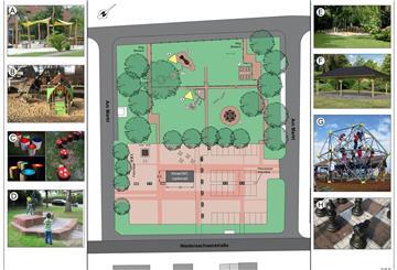 So soll der neue Einswarder Marktplatz aussehen. Die an den Bildrändern gezeigten Spielgeräte, Sitzgelegenheiten und Unterstände sind nur beispielhaft.
