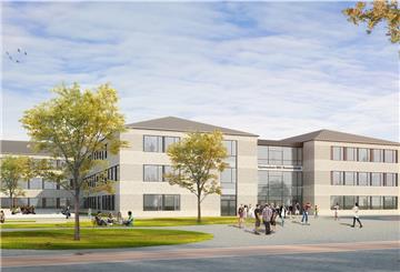 So soll der rund 75 Millionen Euro teure Neubau von Gymnasium (rechts) und BBS Bremervörde (links) aussehen. Die Visualisierung zeigt unter anderem den künftigen gemeinsamen Eingangsbereich der Schulen (Glasfront), der als Verbindung zwischen den beiden Neubauten fungieren wird. Zunächst wird der Gymnasium-Neubau errichtet, danach das alte Gymnasium abgerissen und die neue BBS gebaut.