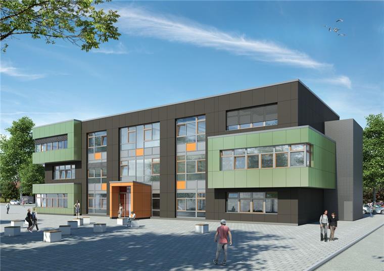 So soll der  schon weit fortgeschrittene Anbau am Schulzentrum Geschwister Scholl einmal aussehen. Er ist Bestandteil eines 50 Millionen Euro schweren Neubauprogramms.  Darstellung Seestadt Immobilien