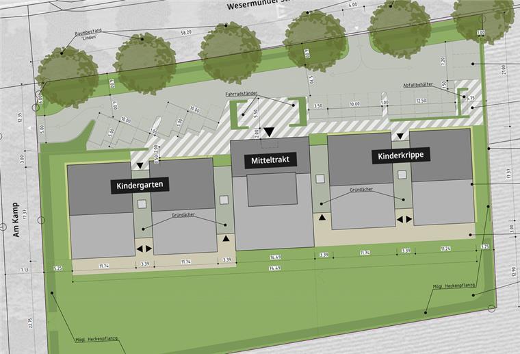 Wehdel bekommt jetzt eine neue Kita So soll die neue Kita in Wehdel einmal aussehen. Die Zufahrt soll von der Wesermünder Straße erfolgen, die Ausfahrt über die Straße Am Kamp.