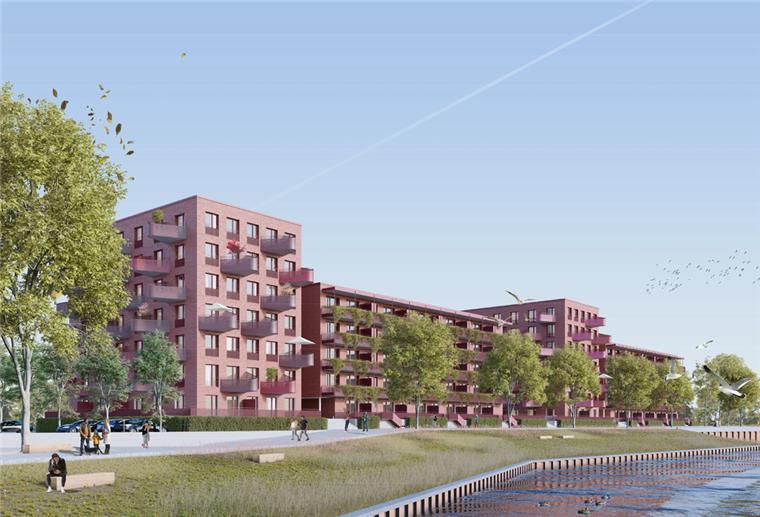 Bremerhavener Kistnergelände: Hohe Kosten verzögern Baubeginn So sollen die beiden fünf- und zwei siebengeschossige Wohnhäuser unmittelbar an der Geeste aussehen. Der Entwurf stammt vom Architekturbüro Spengler & Wiescholek aus Hamburg.