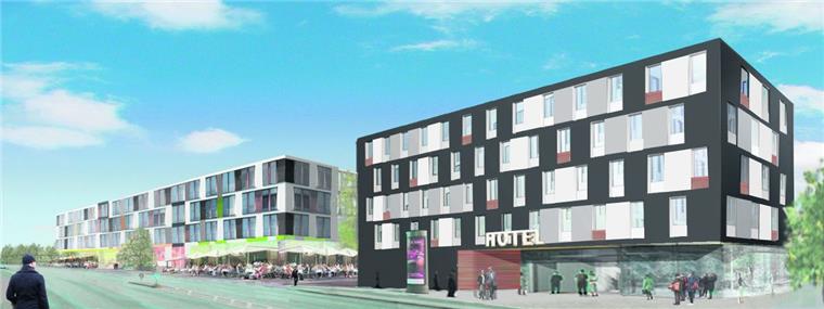 Investoren planen Supermarkt, Hotel und Parkhaus am Neuen Hafen So stellen sich die Investoren das 20-Millionen-Projekt an der Barkhausenstraße gegenüber der Stäwog-Zentrale vor: Rechts ein Zwei-Sterne-Hotel mit 85 Zimmern, links daneben ein Dienstleistungszentrum mit Lebensmittelmarkt und innen liegendem Parkhaus. Entwurf Ulrich Salzmann