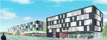 So stellen sich die Investoren das 20-Millionen-Projekt an der Barkhausenstraße gegenüber der Stäwog-Zentrale vor: Rechts ein Zwei-Sterne-Hotel mit 85 Zimmern, links daneben ein Dienstleistungszentrum mit Lebensmittelmarkt und innen liegendem Parkhaus.  Entwurf Ulrich Salzmann