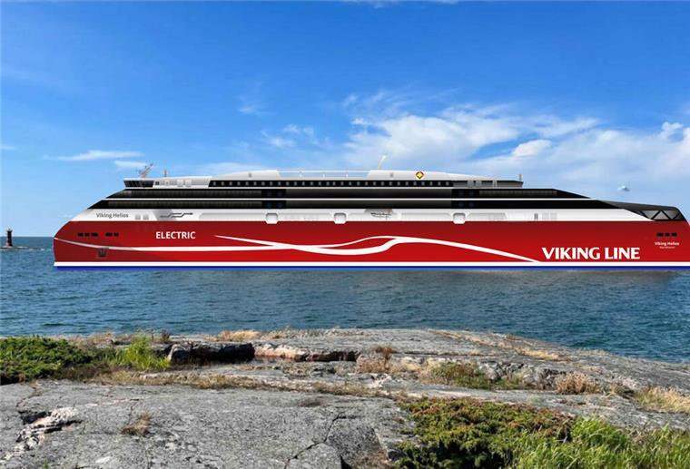 Projekt der Superlative: Finnen planen die weltweit größte vollelektrische Fähre Zeichnung einer rot-schwarzen Fähre auf dem Meer. Im Vordergrund ist ein Felsstrand zu sehen.