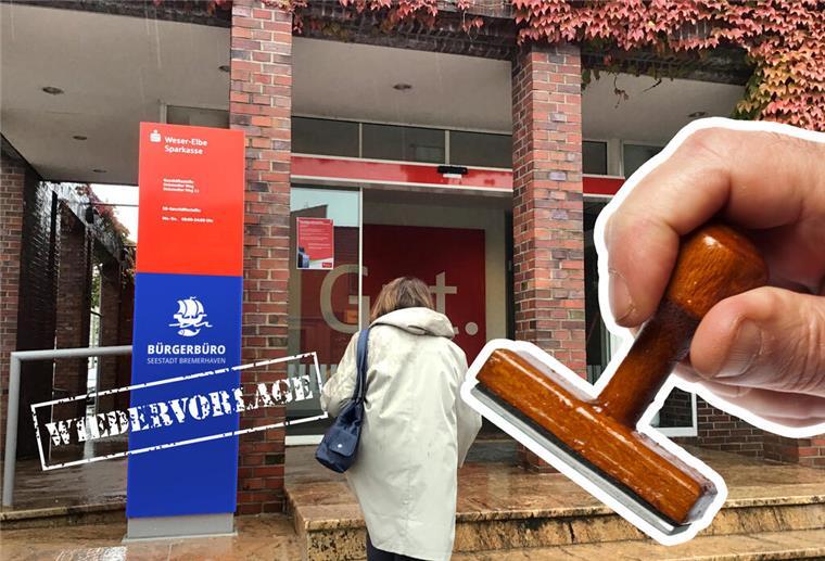 Ausweis in der Bank verlängern: Ist das in Bremerhaven möglich? Eine Frau geht in eine Filiale der Wespa. Davor ist per Fotomontage eine Hand mit einem Stempel zu sehen.