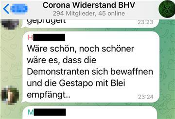 Solche Hassparolen und Gewaltaufrufe in heimischen Telegram-Gruppen sind auf dem Radar der Sicherheitsbehörden: Die Polizei liest in entsprechenden Bremerhavener Gruppen mit.
