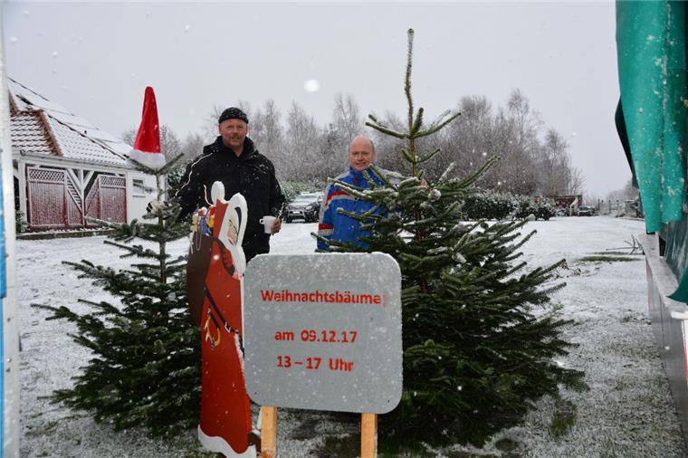 Geestland: Weihnachtsbäume kaufen für den guten Zweck Stefan Koslowski (links) und Gerd Lohmann trotzen dem Schneegestöber in Flögeln (Geestland). Am heutigen Samstag gibt es auf dem Platz Im Seegen nicht nur Weihnachtsbäume, sondern auch warmes Essen, Getränke und genügend Zeit zum Klönen.