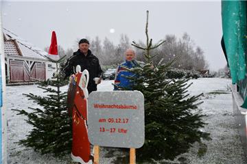 Stefan Koslowski (links) und Gerd Lohmann trotzen dem Schneegestöber in Flögeln (Geestland). Am heutigen Samstag gibt es auf dem Platz Im Seegen nicht nur Weihnachtsbäume, sondern auch warmes Essen, Getränke und genügend Zeit zum Klönen.