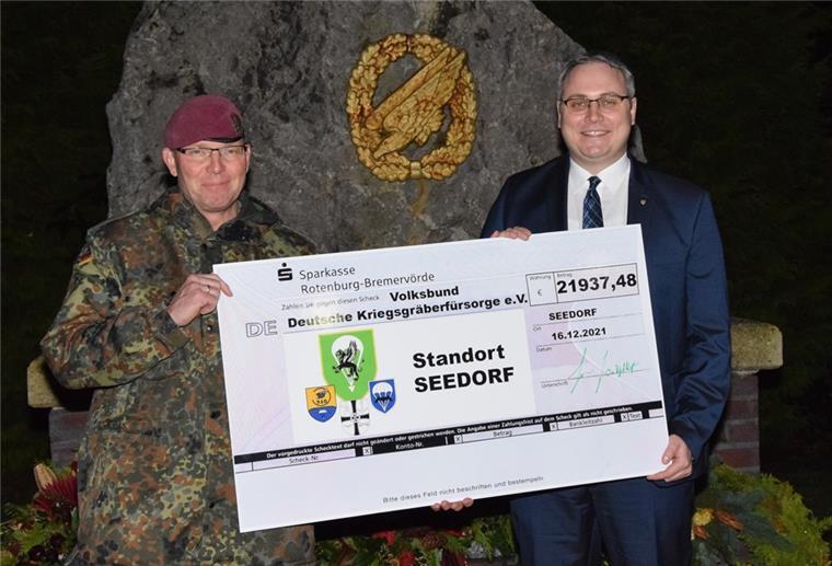 Stolze Summe an symbolischem Ort: Vor dem Ehrenmal für gefallene Soldaten überreicht Oberst Eiko Zuckschwerdt einen Spendenscheck über nahezu 22.000 Euro an den Kriegsgräberfürsorge-Kreisvorsitzenden Marco Prietz.