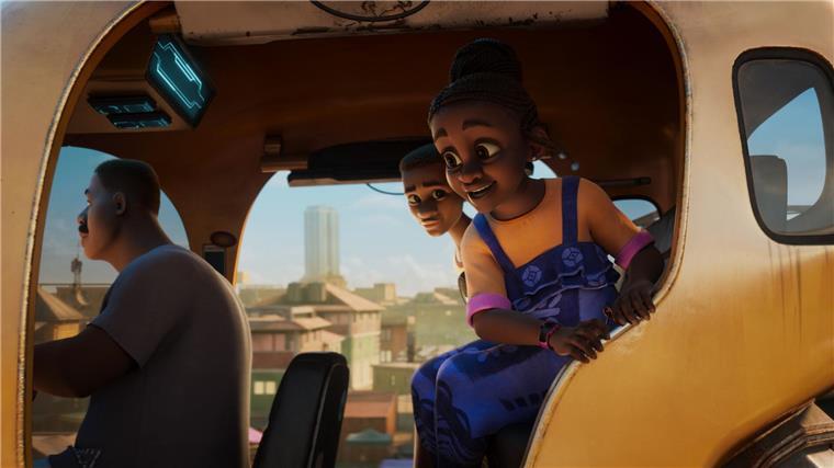 Szene aus der Kinderserie Iwaju, einer  Animationsserie, die in einem futuristischen Lagos in Nigeria, spielt.