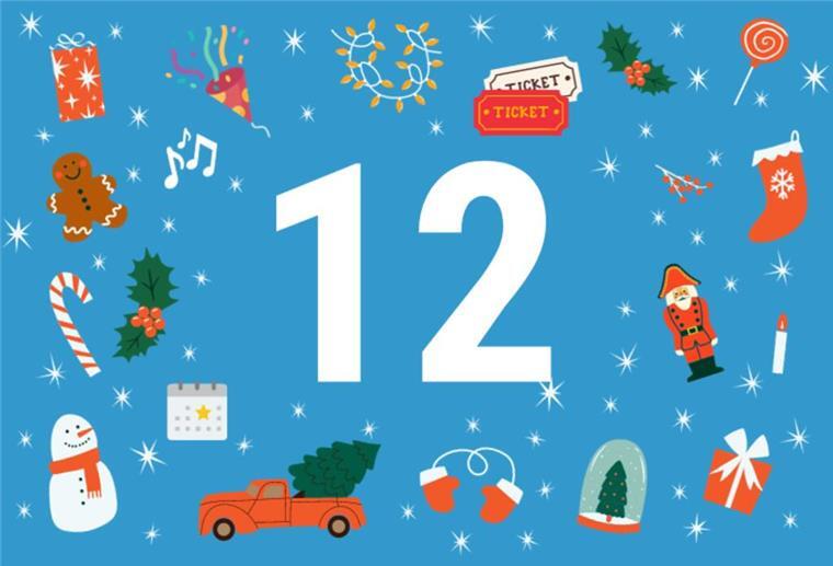 Die Zahl 12 vor blauem Hintergrund und mit weihnachtlichen Motiven umrandet.
