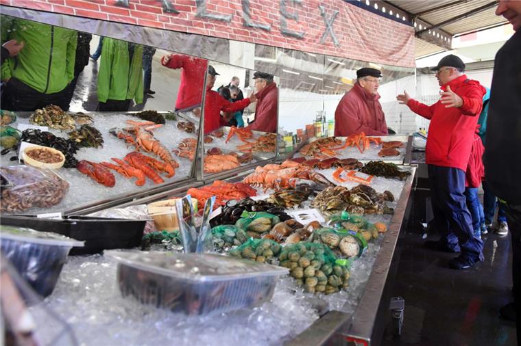 Mieses Wetter bei Fischparty Bremerhaven vermiest den Händlern das Geschäft Über Fisch gibt es jede Menge zu erzählen. Heinz Leifheit (2. von rechts) unterhält sich bei der Fischparty mit einem Besucher.
