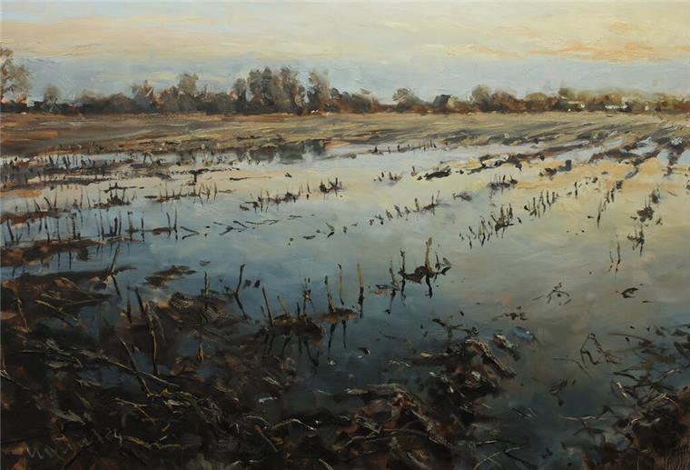 „Stille Wasser“: Mathias Meinel zeigt Landschaftsgemälde in Zevener Galerie Ein Gemälde. „Überschwemmtes Feld III“ (Öl auf Leinwand): Die Gemälde von Mathias Meinel zeigen die besondere Stimmung norddeutscher Landschaften. Seine Ausstellung „Stille Wasser“ ist ab 7. September im Königin-Christinen-Haus in Zeven zu sehen.