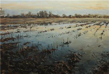 Ein Gemälde. „Überschwemmtes Feld III“ (Öl auf Leinwand): Die Gemälde von Mathias Meinel zeigen die besondere Stimmung norddeutscher Landschaften. Seine Ausstellung „Stille Wasser“ ist ab 7. September im Königin-Christinen-Haus in Zeven zu sehen.