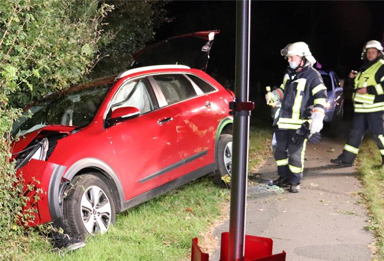 Wehden: Auto kollidiert mit Baum - Zwei Verletzte Rotes Auto im Graben, Feuerwehrleute