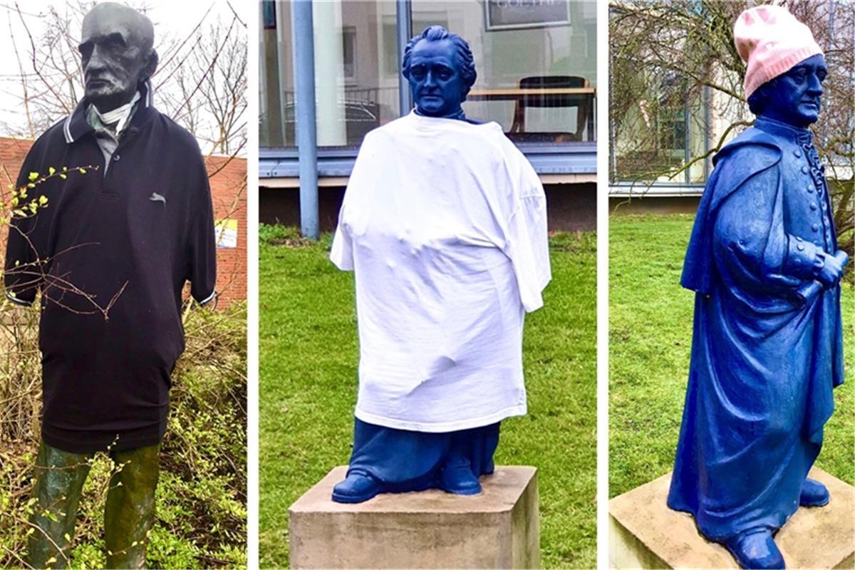 Allen nordischen Jecken ein dreifach AHOI! Ungebremste Verkleidungslust tobt sich an Bremerhavens Dichter- und Denker-Skulpturen aus: Ernst Barlach und Johann Wolfgang von Goethe im neuen Outfit.