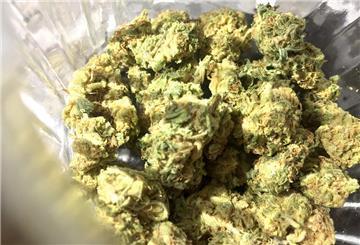 Cannabisblüten liegen in einem Glas.