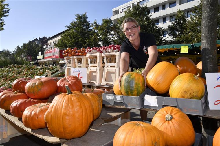 Von der Sonne verwöhnt: Der Herbstmarkt Geestemünde Verkäuferin Julia Stürcken von Blumen Peters bot beim Geestemünder Herbstmarkt Kürbisse an.